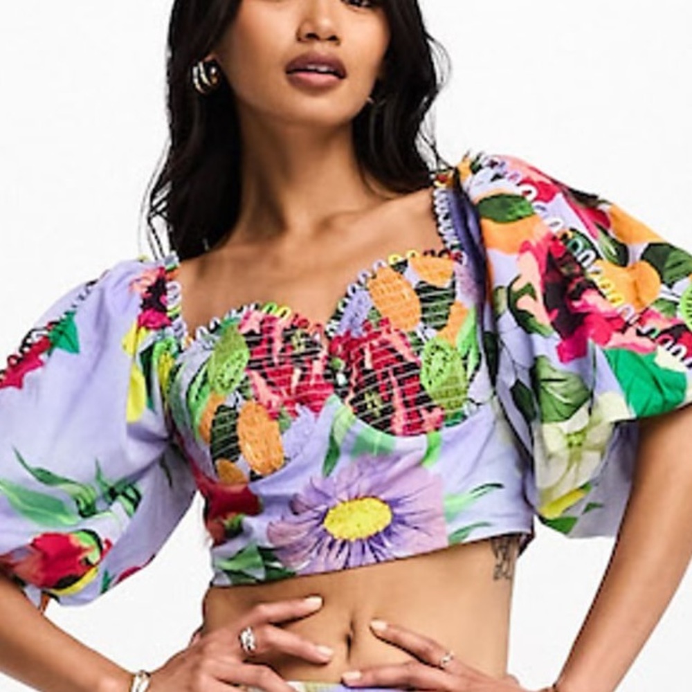 ASOS DESIGN puff sleeve cropped top with rouleau button detail Lavender US 0 New